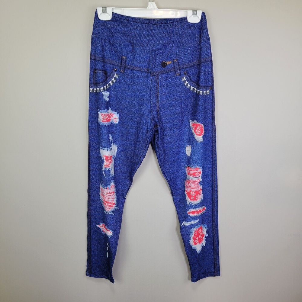 Dren Designs Medium Wash Faux Distressed Denim Red Bandana Accents Leggings Tall